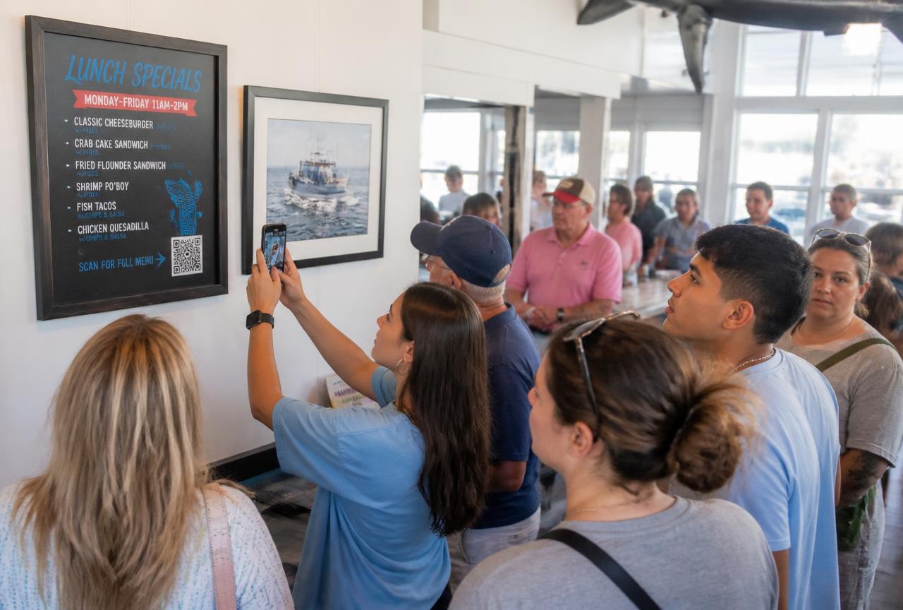 A small group of neighbors standing together reading a specials board inside a local diner